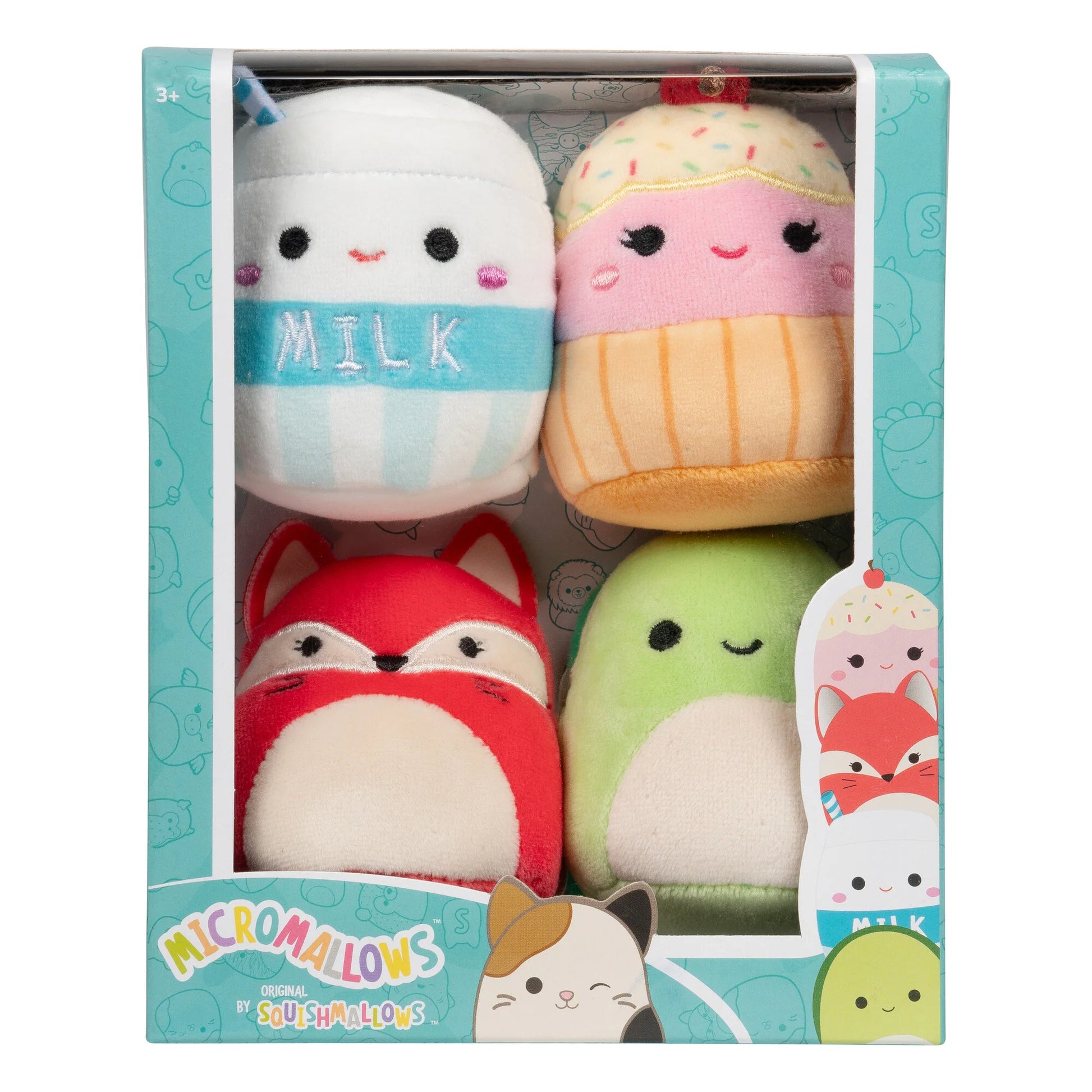 Squishmallows Micromallows 4er-Pack – Fifi Fox, Henry Turtle, Melly Milk Carton, Clara Cupcake