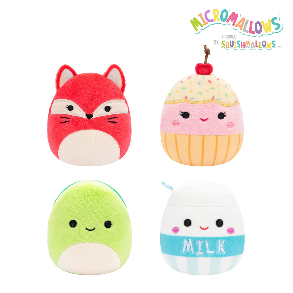 Squishmallows Micromallows 4er-Pack – Fifi Fox, Henry Turtle, Melly Milk Carton, Clara Cupcake