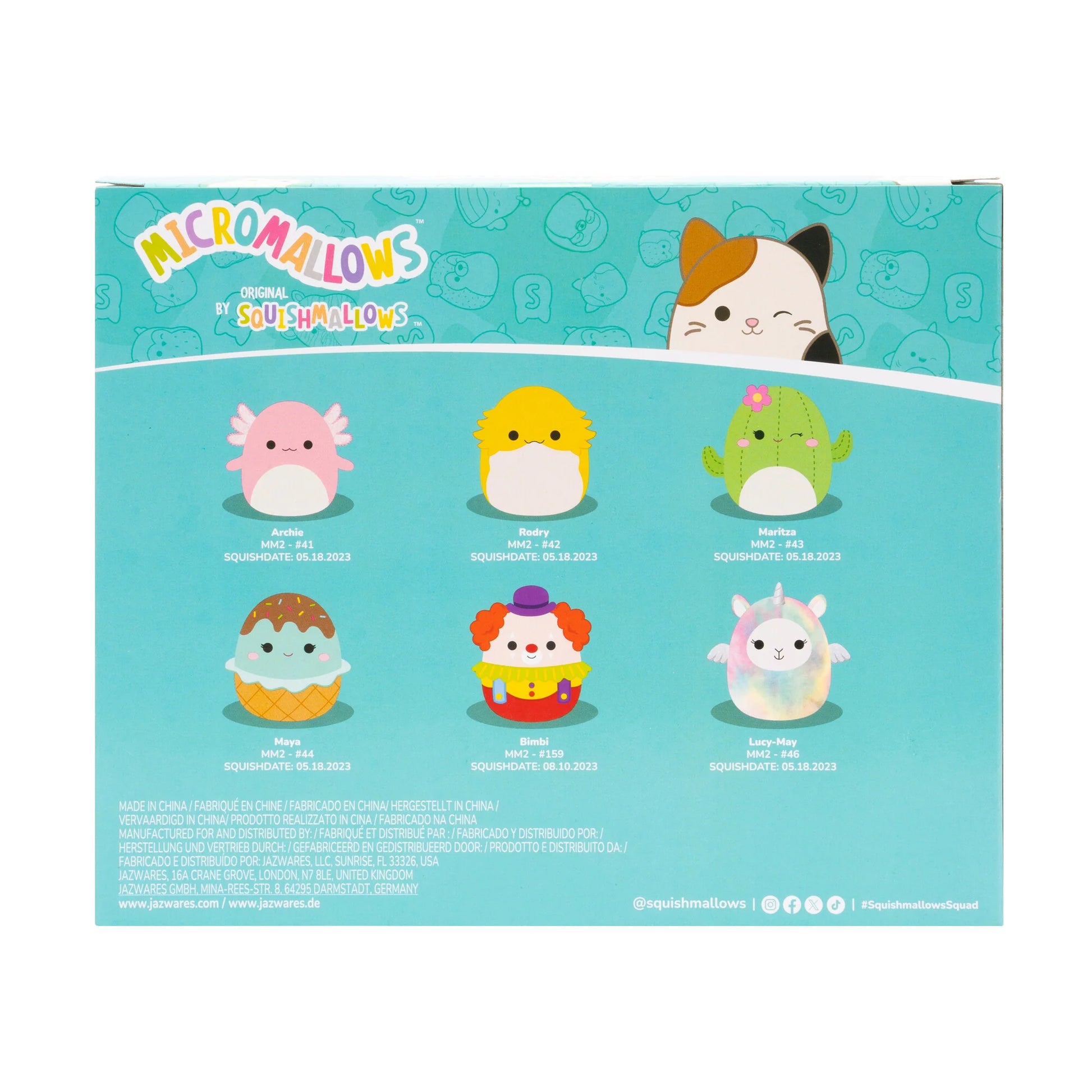 Squishmallows Micromallows Confezione da 6 – Archie Axolotl, Bimbi Clown, Lucy-May Llamapegacorn, Maritza Cactus, Maya Sundae, Rodry Drago Barbuto