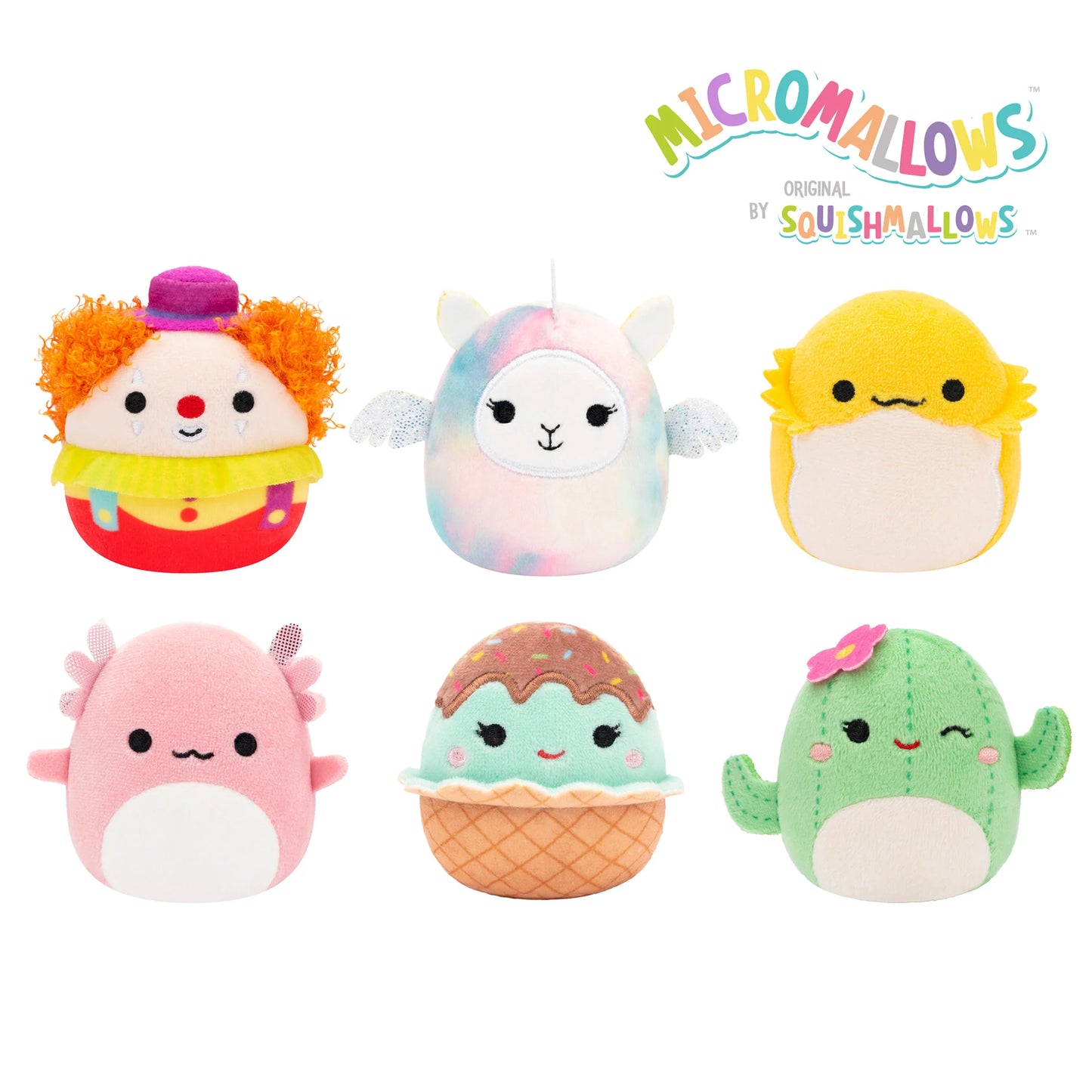 Squishmallows Micromallows Confezione da 6 – Archie Axolotl, Bimbi Clown, Lucy-May Llamapegacorn, Maritza Cactus, Maya Sundae, Rodry Drago Barbuto