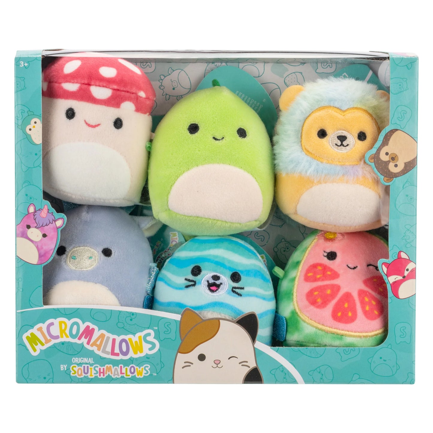 Squishmallows Micromallows 6er-Pack – Danny-Dinosaurier, Dane-Drache, Malcolm-Pilz, Lena-Guava-Frucht, Leonard-Löwe, Noah-Siegel