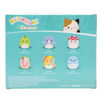 Squishmallows Micromallows 6er-Pack – Danny-Dinosaurier, Dane-Drache, Malcolm-Pilz, Lena-Guava-Frucht, Leonard-Löwe, Noah-Siegel
