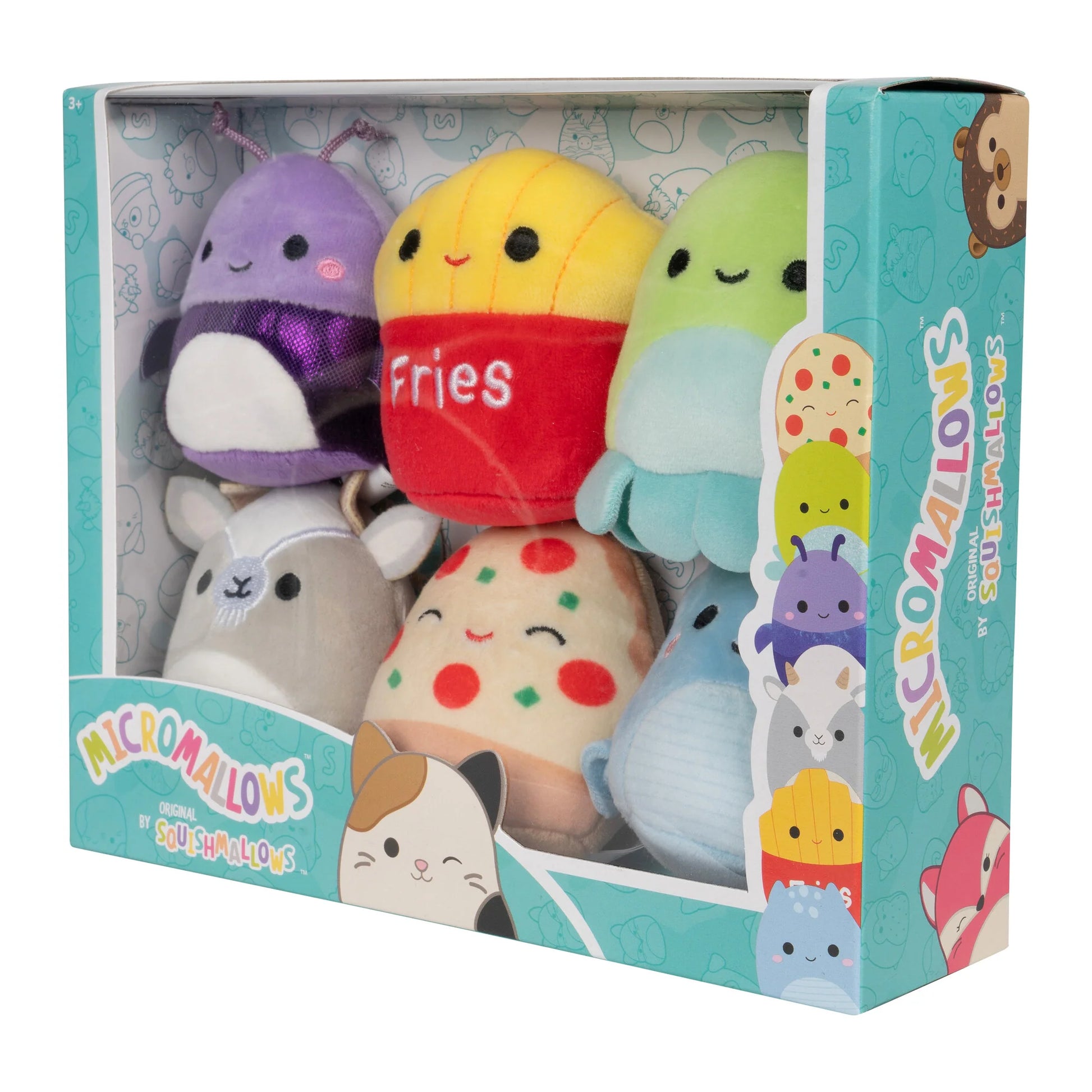 Squishmallows Micromallows Confezione da 6 – Axel Beetle, Lune Loch Ness Monster, Floyd French Fries, Orphie Octopus, Pep Pizza, Walker Goat