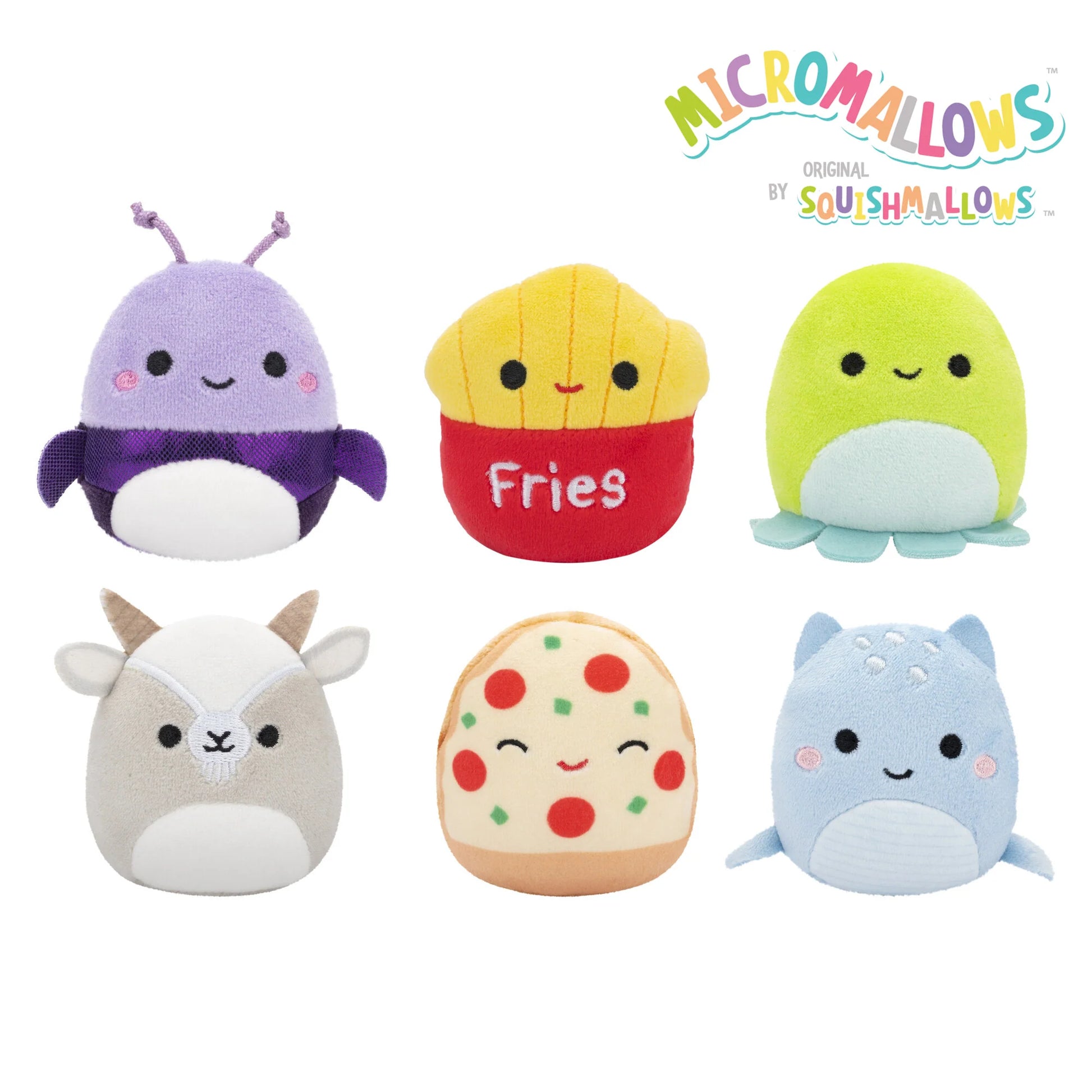 Squishmallows Micromallows Confezione da 6 – Axel Beetle, Lune Loch Ness Monster, Floyd French Fries, Orphie Octopus, Pep Pizza, Walker Goat