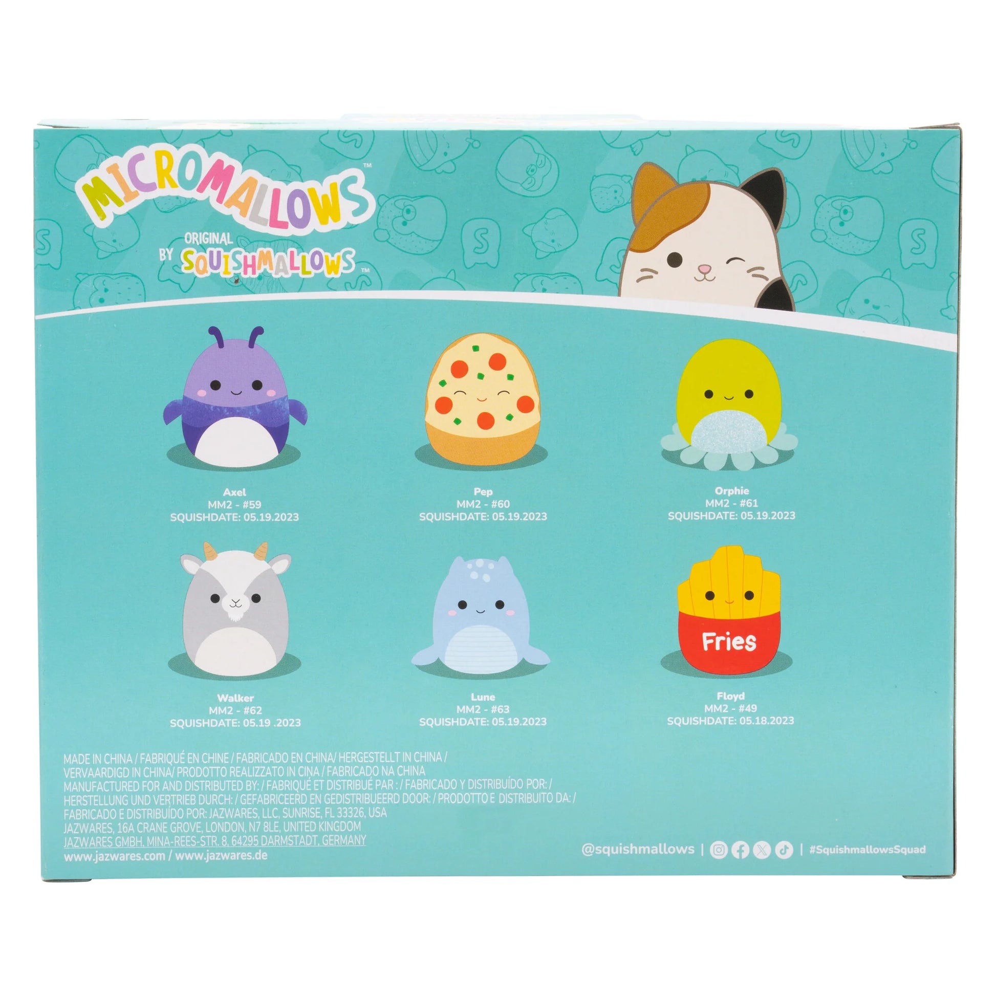 Squishmallows Micromallows Confezione da 6 – Axel Beetle, Lune Loch Ness Monster, Floyd French Fries, Orphie Octopus, Pep Pizza, Walker Goat