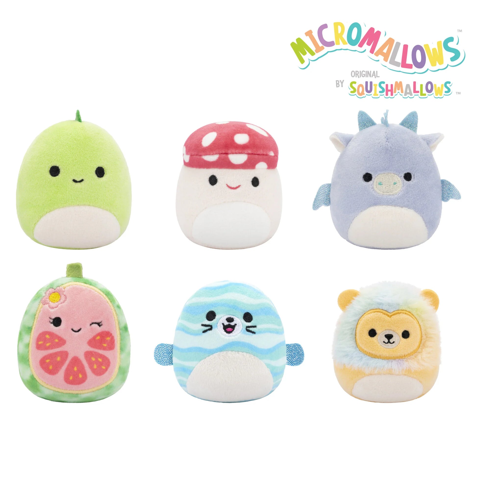 Squishmallows Micromallows 6er-Pack – Danny-Dinosaurier, Dane-Drache, Malcolm-Pilz, Lena-Guava-Frucht, Leonard-Löwe, Noah-Siegel