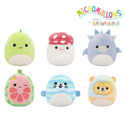 Squishmallows Micromallows 6er-Pack – Danny-Dinosaurier, Dane-Drache, Malcolm-Pilz, Lena-Guava-Frucht, Leonard-Löwe, Noah-Siegel