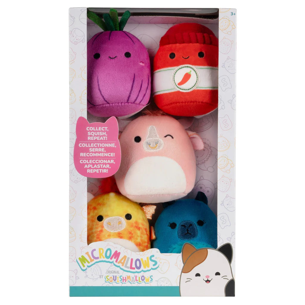 Squishmallows Micromallows 5er-Pack – Howland Bull, Dieric Dragon, Azizbek Onion, Cyril Capybara, Illia Sriracha